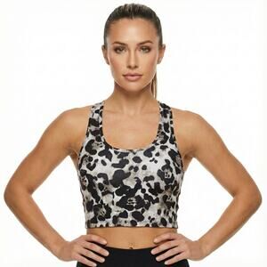 NWT EVCR Bra Tank Womens S Black Tan Leopard Print Cropped Racerback Athleisure